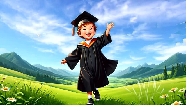 Young child dressed in a graduation gown and cap, symbolizing academic achievement and success