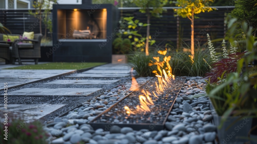 Poster the focal point of this garden is a sleek minimalist fire feature providing both style and function.