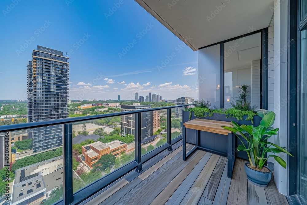 Poster clean and tidy balcony with floor-to-ceiling windows and desk