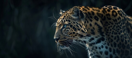Fototapeta premium A solitary giraffe stands in darkness, gazing into the distance with curiosity and attentiveness