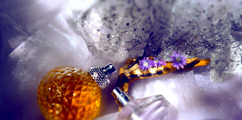 Wedding dress, Women's luxury accessories, variation perfume. Dressing table with fashion details...