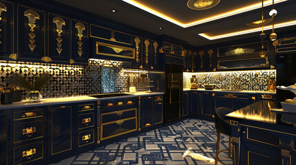 An opulent kitchen interior with an art deco flair, showcasing geometric patterns in the tile work, gold hardware on deep navy cabinets, and a dramatic,
