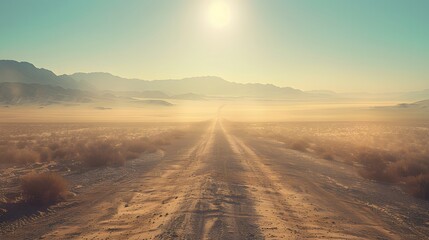 Outdoor Arizona western nature landscape background features a long, dusty road path through the hot, sandy desert. This setting creates a perfect vibe for a road trip, travel adventure, and explorati