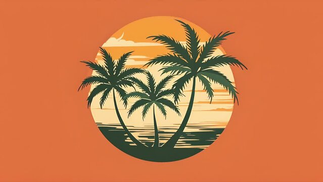 Illustrated video logo of palm trees with Marijuana style leaves on a beach over the ocean in a circular cutout logo with orange background. Logo or background for Hawaiian cannabis products company.