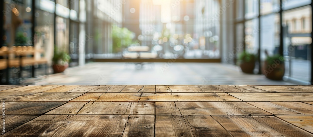 Aufkleber a wooden table top is displayed with a blurred backdrop of a building and urban setting