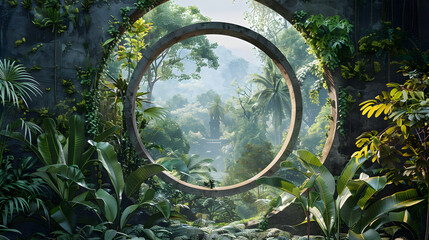 Magic forest, ancient ruins hidden in the middle of the forest, beautifully framed by a circle shape.