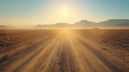 Obraz premium Outdoor Arizona western nature landscape background features a long, dusty road path through the hot, sandy desert. This setting creates a perfect vibe for a road trip, travel adventure, and explorati