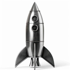 metal 3d icon of rocket smooth metal with two portholes on white background