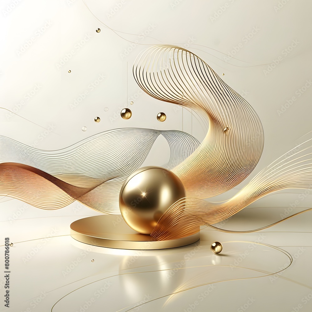 Poster 3d render, abstract background with golden ball, waves and golden lines generated by ai