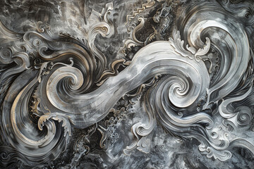 An abstract painting, intricate Thai patterns swirling in shades of gray