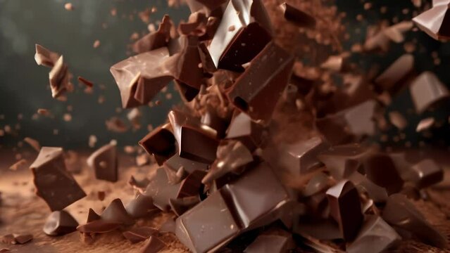 Shattered chunks of rich, dark chocolate explode in a burst of indulgent energy. Irregular shards and slivers fly in all directions, catching the light and creating an exhilarating sense of movement. 