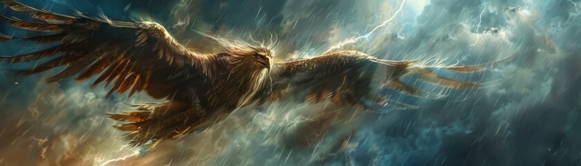 A majestic golden eagle soars through a stormy sky, its powerful wings beating against the wind and rain.