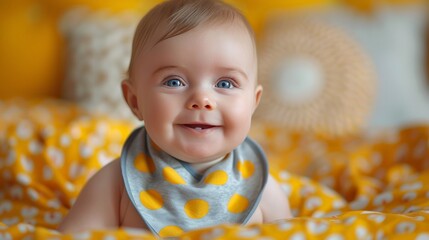 Portrait of a cute baby girl in a yellow bodysuit