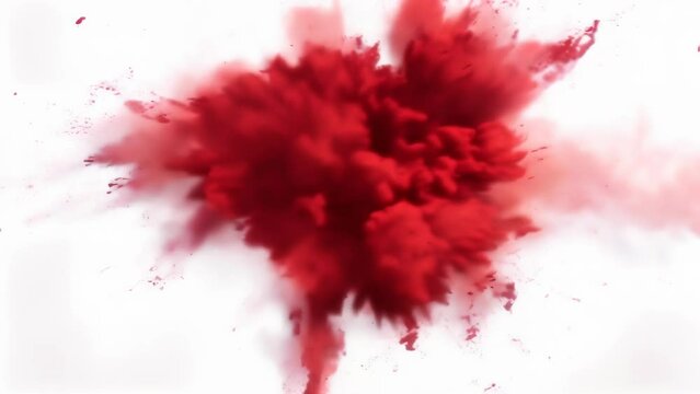 A cloud of fine red powder explodes dramatically against a clean white backdrop, creating an energetic and visually striking abstract image. 