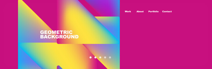 A vibrant geometric background featuring colorful rectangles in shades of purple, magenta, and electric blue. The pattern creates a dynamic slope with a bold font on top