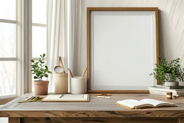 Close up view of worktable with copy space, mock up frame and stationery in home office