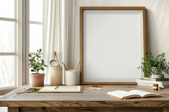 Close up view of worktable with copy space, mock up frame and stationery in home office