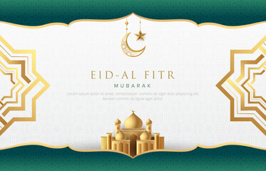 Clean modern lslamic background with gold islamic element. crescent moon and mosque. Suitable for raya and ramadan template concept.
