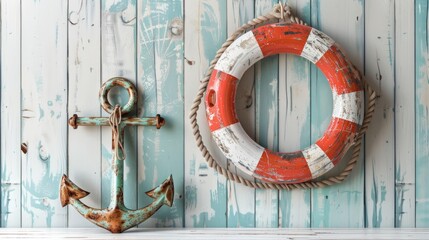 Shabby chic, nautical theme. Weathered anchor and life preserver on a driftwood shelf with a whitewashed background.