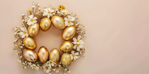 Winter celebration glowing snowflake ornament on gold background Elegant golden Easter eggs with shimmering flowers Handmade Easter wreath with colored eggs and spring flowers, Easter concept.