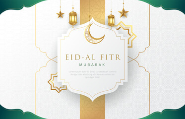 Clean modern Islamic background with gold ornament star, moon and lanterns. Suitable for raya and ramadan template concept.