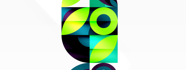 An artistic font displays a vibrant geometric design of circles and squares in electric blue, magenta, and glass. The pattern includes balls and rectangles on a white background