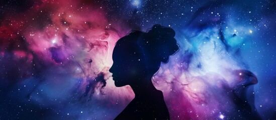 A mysterious silhouette of a woman standing in front of a stunning and colorful galaxy background