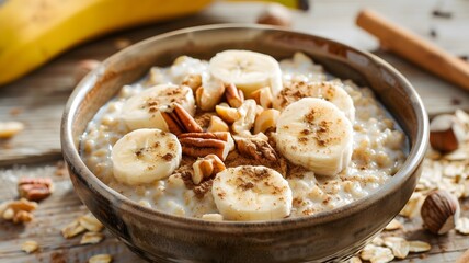  A bowl of creamy oatmeal topped with sliced bananas, nuts, and a sprinkle of cinnamon, promising a comforting yet nutritious breakfast. 
