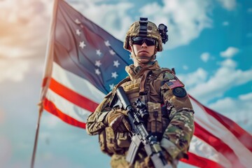 Portrait of a a soldier standing in full armor and weapons against a background