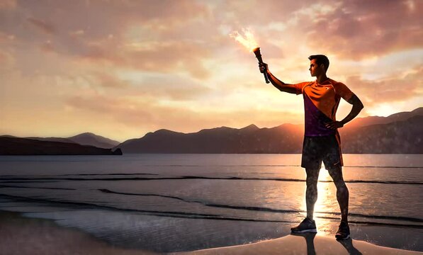 Athlete holding torch at sunset in the beach
