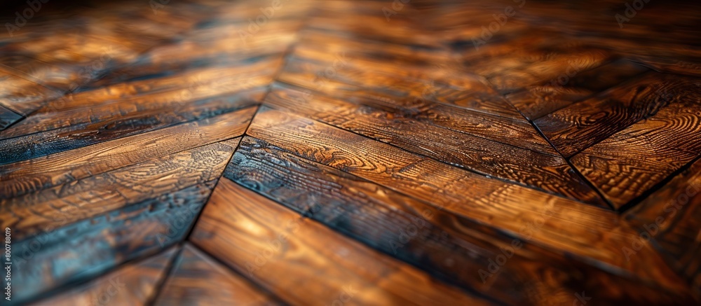 Poster a detailed view of a wooden floor featuring a classic herringbone pattern design, adding a touch of 