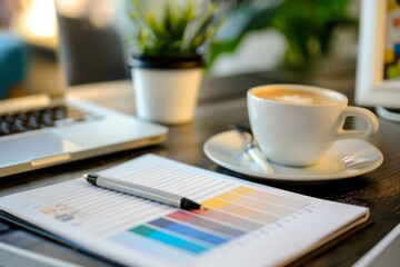 Designer workplace laptop color sampler catalog empty notepad pen and coffee at office desk. Creative work, nobody