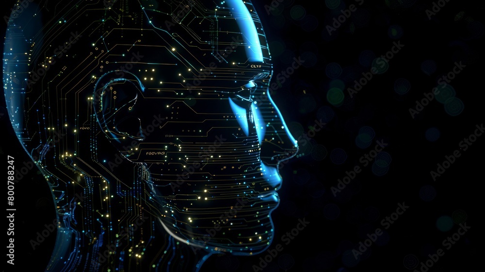 Poster a 3d rendering depicts the concept of artificial intelligence with a human head outline containing a