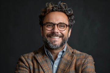 Portrait of a happy man with a beard and glasses on black background