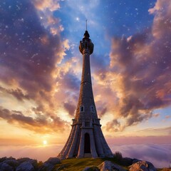 Huge tower,fantasy,evening sky,top of tower 