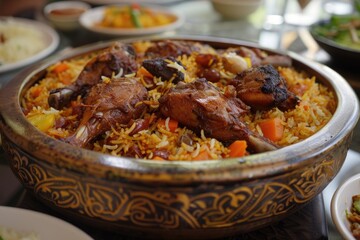 Kabsah, a classic Arabian dish, featuring roasted chicken on a bed of spiced rice with vegetables and garnished with nuts.