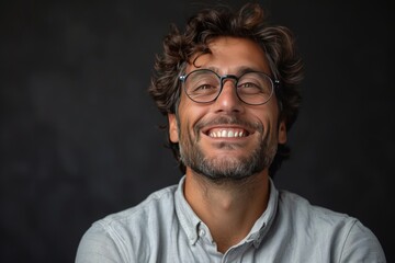 Obraz premium Portrait of a happy man with a beard and glasses on black background