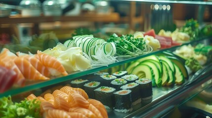 A display of various ingredients for sushi including fresh avocado cucumber and pickled ginger.