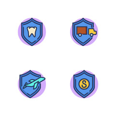 Safety and guarantee icon set. Truck, airplane, tooth and dollar sign in shields. Insurance and protection concept. Vector illustration web design apps