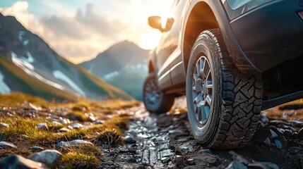 Sunny day, beautiful mountainous landscape with mountains in the background with a car tire in the foreground