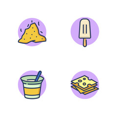 Products made of milk line icon set. Fresh cottage cheese, slices of cheese, ice cream on stick, yogurt jar with spoon. Dairy products concept. Vector illustration for web design and apps