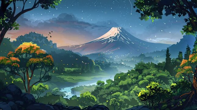 mountain by river valey  Seamless looping 4k time-lapse virtual video animation background. Generated AI