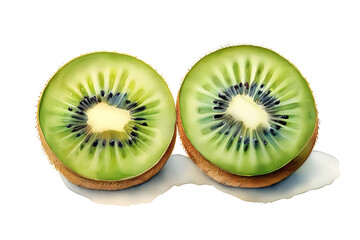 Watercolor painting of two kiwi halves, half a kiwi. It has a bright green flesh color. There are small black seeds. on a white background