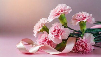 Bouquet of pink carnations with ribbon