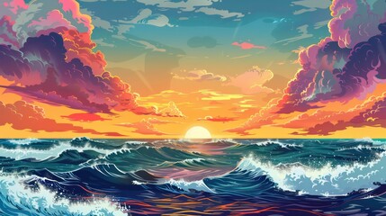 abstract colorful glowing wavy perspective with fractals and curves background 16:9 widescreen wallpapers,sunset over the sea,surreal psychedelic fantasy dreamworld, beautiful sunset . Generated AI