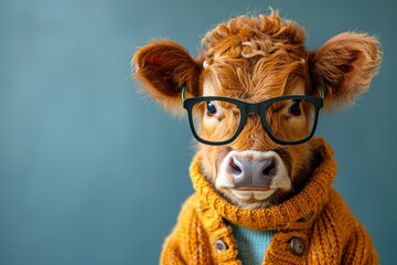 Funny portrait of a young cow wearing glasses and a warm sweater.