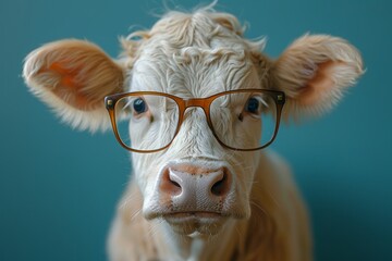 Portrait of a white cow with glasses on a blue background.