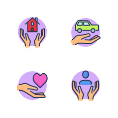 Insurance line icon set. Car on palm, hands protecting house, life insurance, real estate, home, car, health, heart on hand. Protection concept. Vector illustration for web design and apps
