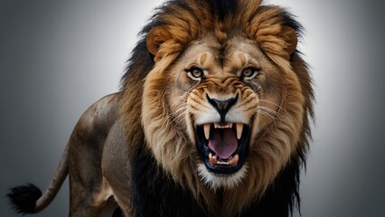 Fototapeta premium Roaring lion black background. isolated lion roaring. angry lion white background. isolated angry lion. opening mouth beast black background.