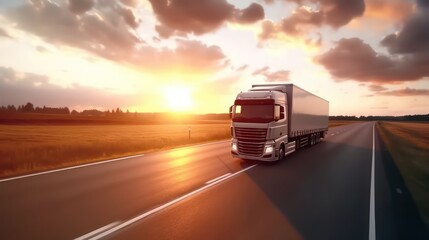 Truck logistic driving on the asphalt road on highway on sunset background